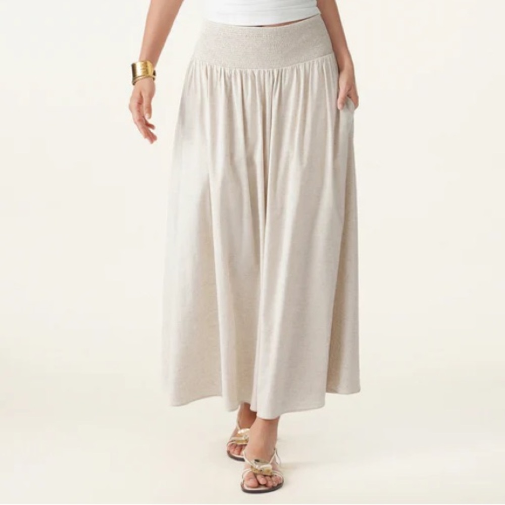 OGL Beige Linen Flow Long Maxi Skirt With Pockets Elastic Waist Lined Effortless - Picture 4 of 14